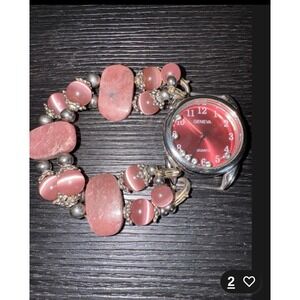 Geneva Pink Cat Eye Stone Beaded Stretch Bracelet Watch Women Quartz